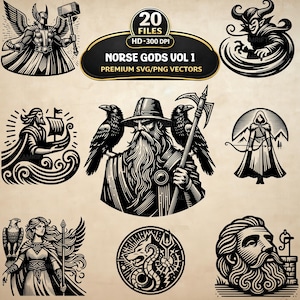 May include: A collection of black and white vector illustrations featuring Norse mythology figures, including a central bearded figure with two ravens, a winged warrior with a hammer, a hooded archer, and a wolf emblem, labelled Norse Gods Vol 1.
