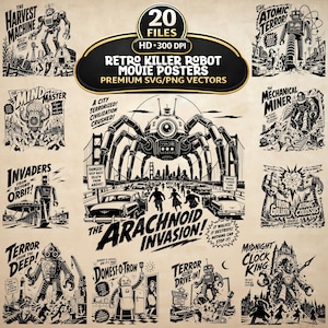 May include: A collection of 20 black and white retro-style movie posters featuring giant robots and sci-fi themes. Titles include The Harvest Machine, The Atomic Terror, The Mind Master, The Mechanical Miner, Invaders From Beyond Orbit, and The Arachnoid Invasion.