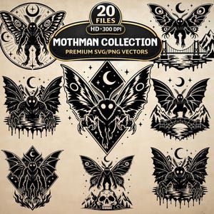 Può includere: Una collezione di 20 file grafici digitali in bianco e nero con illustrazioni di Mothman. I disegni includono varie rappresentazioni della creatura alata con occhi luminosi, spesso su sfondi di lune, stelle, montagne e ponti.