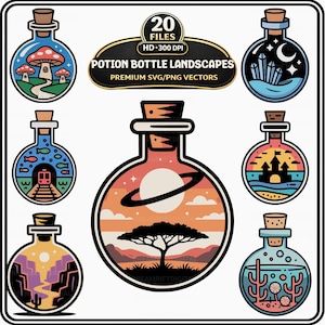 May include: A collection of seven potion bottle designs with various landscape scenes. Each bottle features a different illustration, including mushrooms, a starry night, a train, a castle, a desert canyon, a planet with a tree, and cacti.