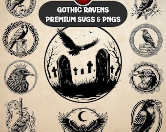 Gothic Raven SVG PNG Bundle | 20 Dark Academia Clipart | For Scrapbook, POD, Cricut and More