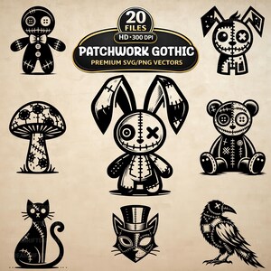 Patchwork Gothic SVG PNG-paket, 20 sydda läskiga clipart, kusliga vektorgrafik (digital nedladdning)