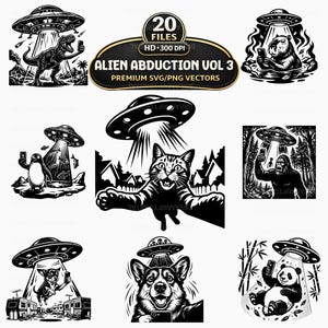 Op de afbeelding: Zwart-wit vectorillustraties van verschillende dieren en wezens die worden ontvoerd door UFO's terwijl ze selfies maken. Bevat een dinosaurus, kat, pinguïn, beer, gorilla, hond en panda. De tekst "ALIEN ABDUCTION VOL 3" is ook aanwezig.