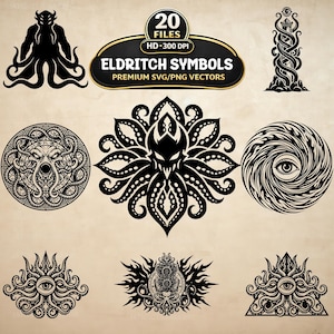 May include: A selection of black Eldritch symbols in SVG/PNG vector format. The designs include a tentacled creature, a spiral eye, and other stylized illustrations. The image also contains the text "20 FILES" and "ELDTRITCH SYMBOLS".