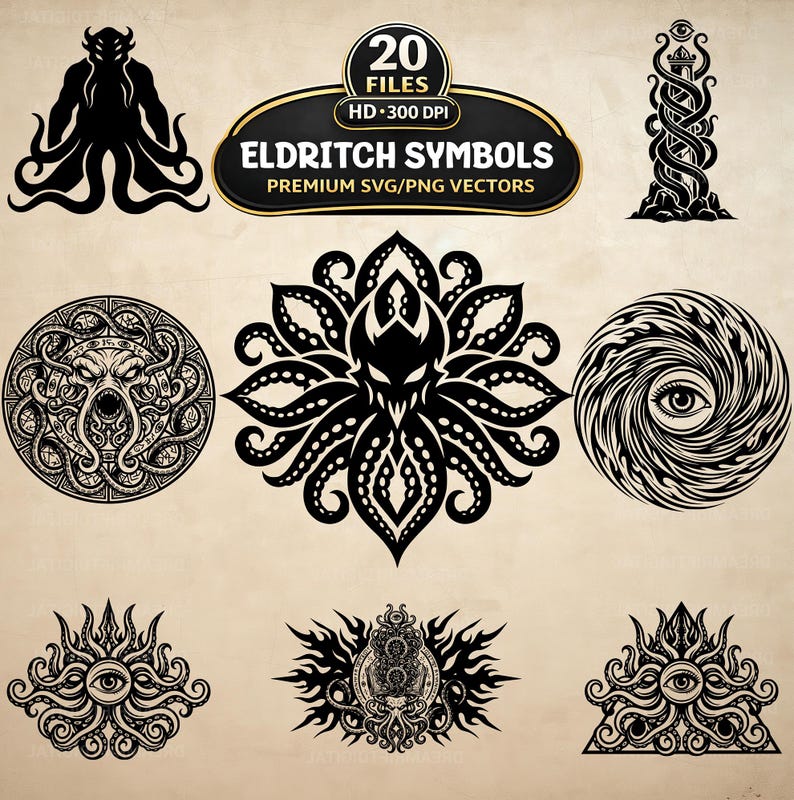 Eldritch Patterns Eldritch Symbols SVG PNG Bundle, 20 Occult Lovecraft Style Gothic ...