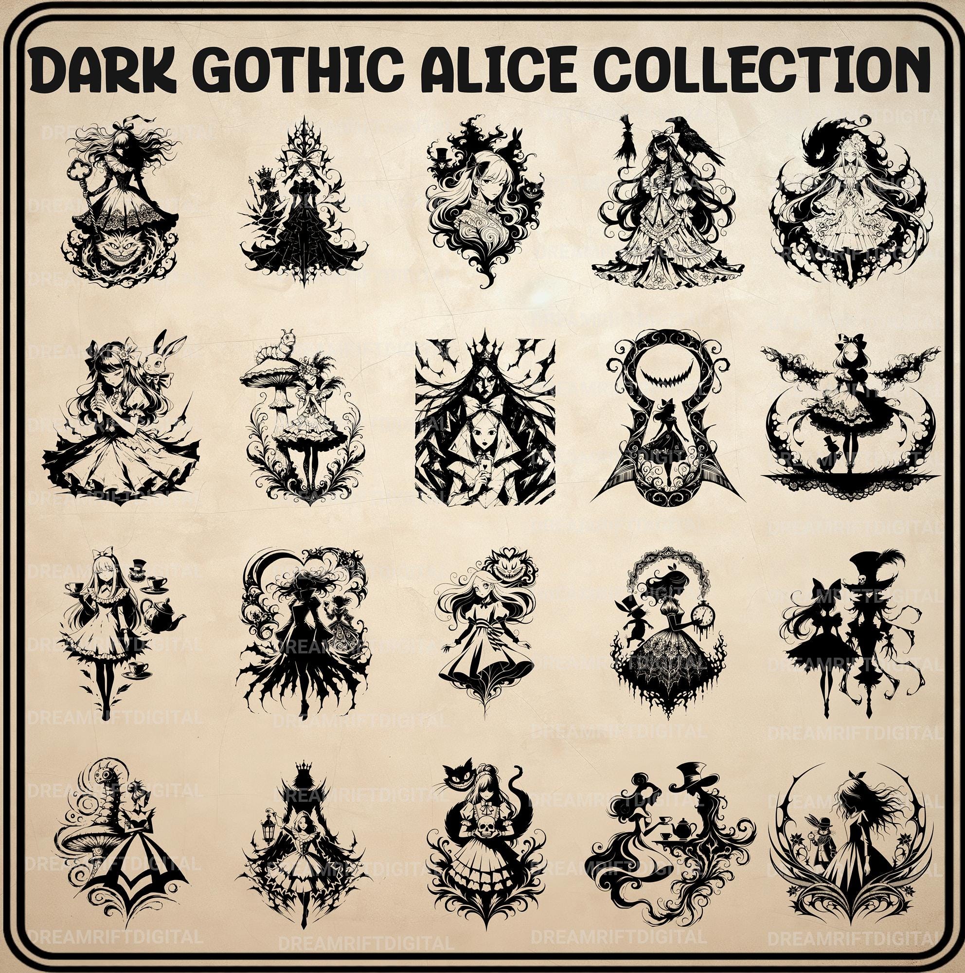 Dark Gothic Alice SVG PNG Bundle, 20 Wonderland Fantasy Vector Art ...