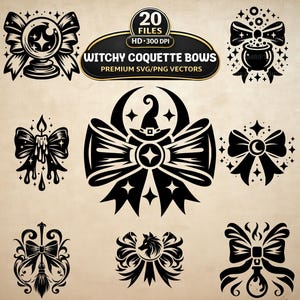 May include: A collection of black and white vector illustrations featuring bows combined with mystical elements like crystal balls, cauldrons, candles, witch hats, moons, brooms, and wolves. The text reads 20 FILES HD 300 DPI WITCHY COQUETTE BOWS.