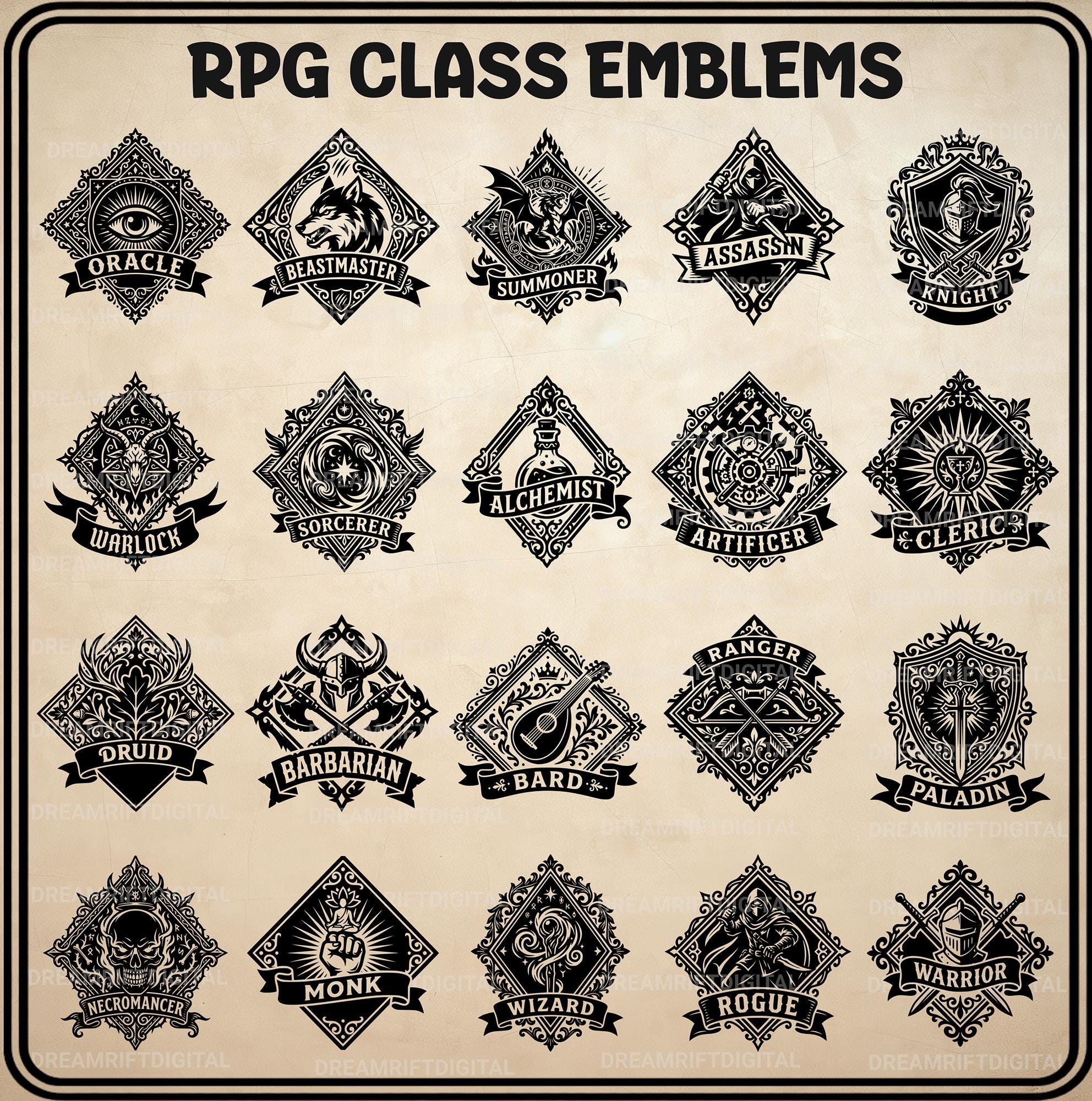 RPG Class Emblems SVG PNG Bundle, 20 Tabletop Gaming Clipart, D20 ...