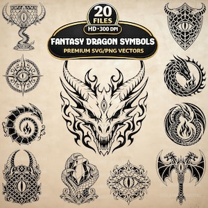 May include: A collection of 20 black and white digital graphic illustrations featuring fantasy dragon symbols, including a central dragon head, shields, eyes, and a chalice. The text reads 20 FILES HD 300 DPI FANTASY DRAGON SYMBOLS PREMIUM SVG/PNG VECTORS.