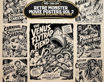 Retro Monster Movie Posters SVG PNG, 20 Vintage Horror Clipart, Sci-Fi Art (Digital Download)