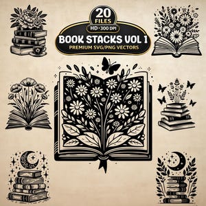 May include: A collection of black and white vector illustrations featuring book stacks and floral designs. The image includes open books with flowers, stacks of books with a teacup, and a stack of books with a crescent moon. The text reads "BOOK STACKS VOL 1".