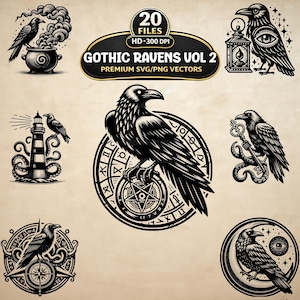 May include: A collection of black and white Gothic raven illustrations. The designs include ravens with a lantern, key, compass, and cauldron. The text "GOTHIC RAVENS VOL 2" is displayed at the top.