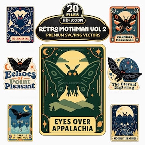 May include: A collection of digital graphic designs featuring moth-like creatures in various settings. Text includes Retro Mothman Vol 2, The Crimson Omen, Midnight Messenger, Echoes of Point Pleasant, The Eternal Sighting, Signals in the Fog, Eyes Over Appalachia, and Moonlit Sentinel.