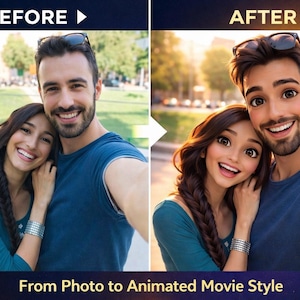 May include: Image showing a before-and-after comparison of a photo transformed into an animated movie style. The "before" image features a smiling couple. The "after" image shows the couple in an animated style. Text at the bottom reads "From Photo to Animated Movie Style."