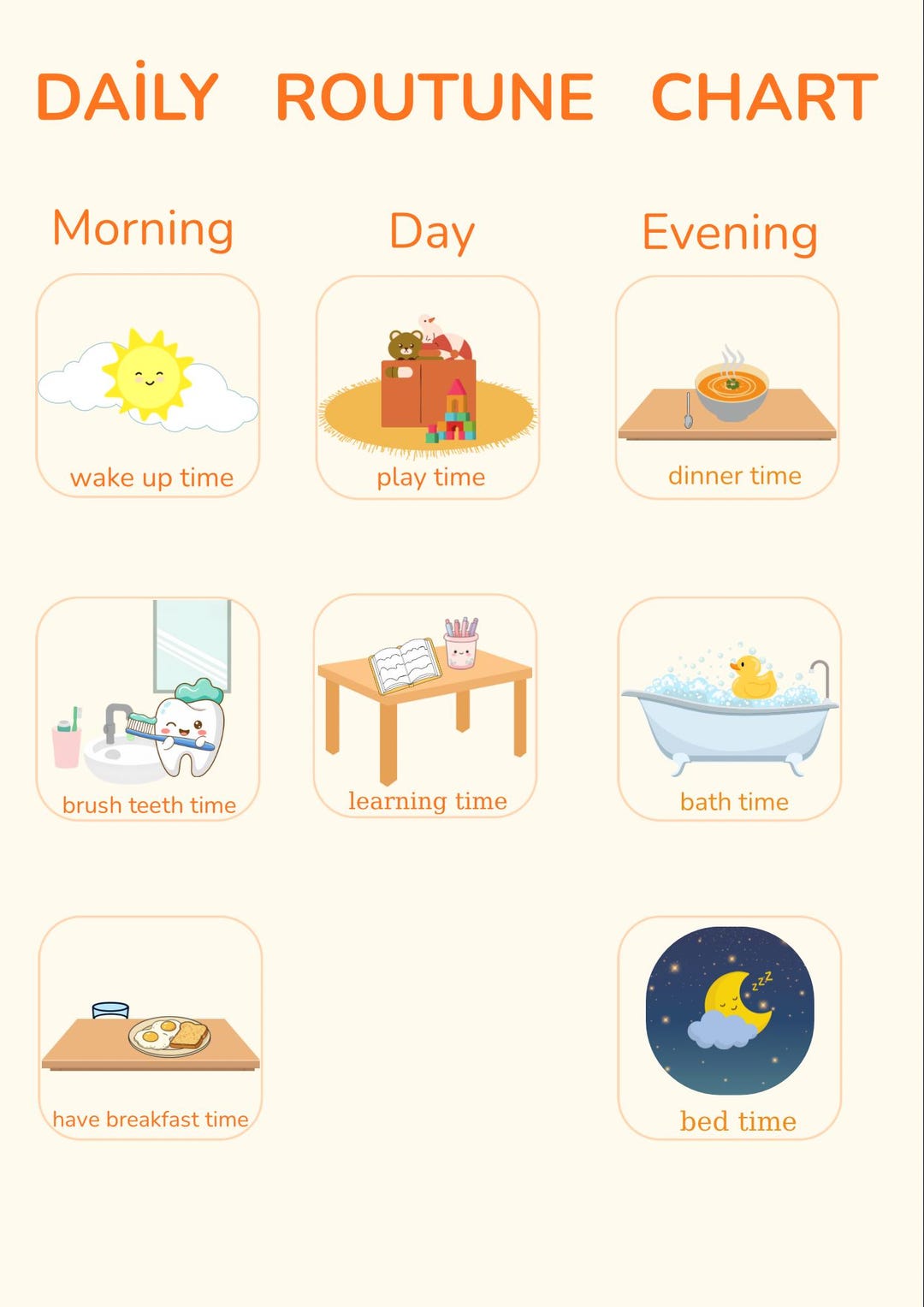 Daily Routine Chart for Kids | Printable Morning Day Evening Routine ...