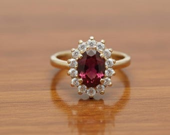 Oval Red Ruby Halo Ring | Vintage Style, Sterling Silver| Gift for her