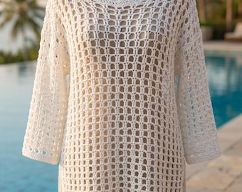 Boho Crochet Beach Cover Up Pattern PDF, V Neck Summer Dress Tutorial for Beginners, Crochet Lace Tunic Top Pattern, Instant Download