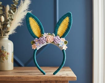 Crochet Bunny Ears Headband Pattern, Floral Easter Bunny Ears for Kids and Adults, Boho Flower Crown, Newborn Gift, ButtDigitalStudio
