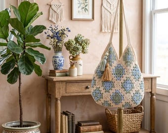 Crochet Tote Bag Pattern, Boho Granny Square Bag Tutorial, Vintage PDF Market Bag, Retro Crochet Shoulder Purse Pattern Pattern Digital