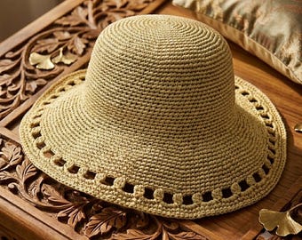Crochet Sun Hat Pattern PDF | Raffia Wide Brim Summer Hat | Packable Beach Straw Hat Pattern for Beginners | ButtDigitalStudio