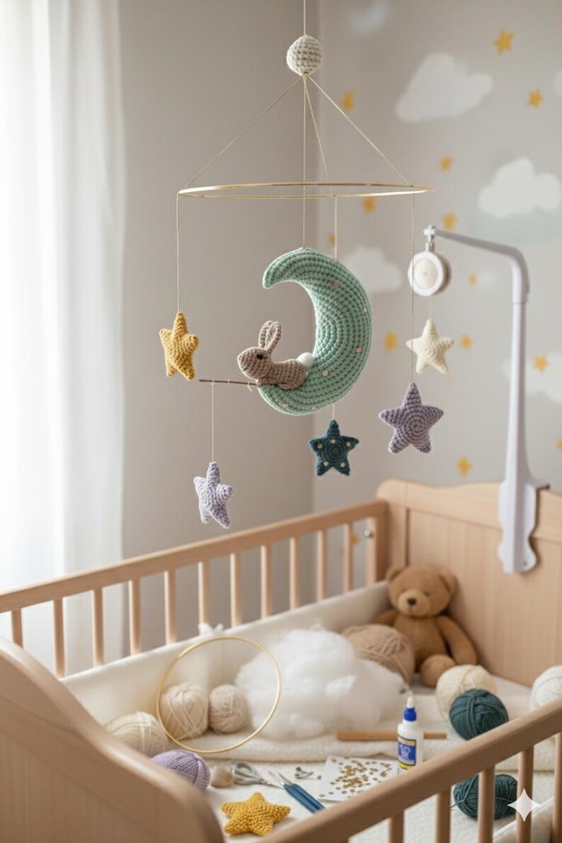 May include: A handmade baby mobile featuring a crocheted crescent moon with a bunny, and hanging stars in yellow, purple, and blue. The mobile is suspended above a wooden crib, creating a whimsical nursery decor.