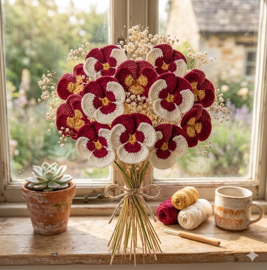 30 Pansy Crochet Patterns for Flowers, Decor, and Wearable Details 14 Realistic Pansy Bouquet Crochet Pattern