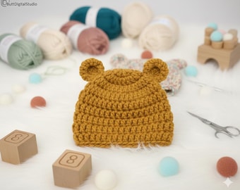 Baby Bear Crochet Hat Pattern PDF, Easy Beginner Crochet Pattern, Newborn to 12 Months Animal Ear Beanie, Baby Shower Gift, Photo Prop