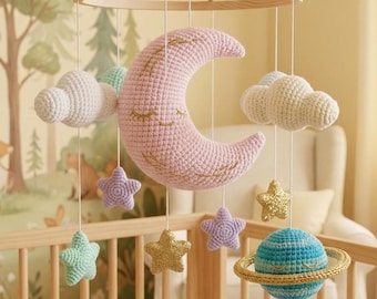 Celestial Baby Mobile Crochet Pattern, Amigurumi Moon Stars and Planet Nursery Decor PDF, DIY Newborn Baby Shower Gift, Digital Download