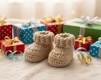 Crochet Baby Booties with Folded Cuff, Baby Shower, Newborn Booties, First Birthday Gift, Boho Baby Apparel, Warm Winter Baby Socks