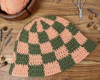 Checkered Bucket Hat Crochet Pattern | Trendy Gingham Beanie PDF Tutorial | Modern Tapestry Crochet Aesthetic Sun Hat for Beginners