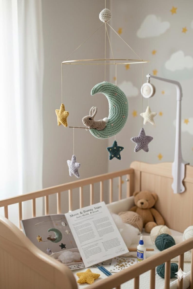 May include: A handmade baby mobile featuring a crocheted green moon with a small bunny, surrounded by yellow, purple, and blue stars. The mobile hangs above a wooden crib, with a teddy bear and craft supplies visible.