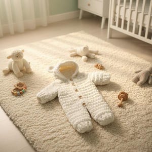 Könnte beinhalten: Ein weißer, gehäkelter Baby-Overall mit Kapuze und Holzknöpfen liegt auf einem cremefarbenen Teppich. Der Overall ist von Babyspielzeug umgeben, darunter ein Stofflamm, eine Rassel und ein Plüsch-Oktopus. Ein Kinderbett und eine Kommode befinden sich im Hintergrund.