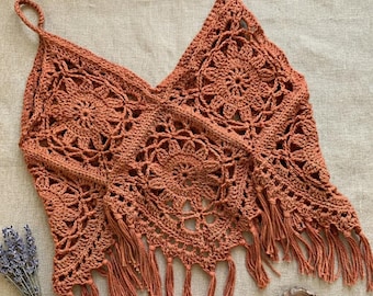 Boho Granny Square Crop Top Crochet Pattern PDF | Intermediate Festival Camisole Motif Tutorial | Vintage Fringe Tank Top Digital Download