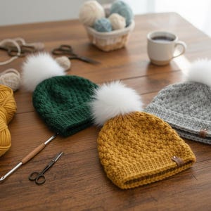 May include: Three crocheted beanies in green, mustard yellow, and gray, each topped with a white pom-pom. The hats are displayed on a wooden surface with yarn, crochet hooks, and scissors, suggesting a handmade craft theme.