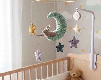 Crochet Baby Mobile Pattern, Bunny Amigurumi Moon and Stars, Boho Nursery Decor DIY, Baby Shower, Celestial Newborn Gift Crochet