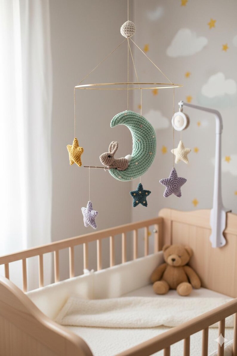 May include: A handmade baby mobile featuring a crocheted crescent moon in light green, a brown bunny, and colorful stars. The mobile hangs above a wooden crib with a teddy bear inside. The nursery decor has a soft, whimsical theme.