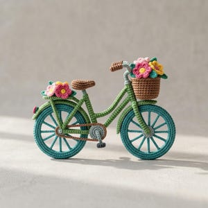 May include: A crocheted bicycle in shades of green and teal with a brown seat and pedals. A brown basket is attached to the handlebars, filled with pink, yellow, and green crocheted flowers. A matching floral arrangement sits on the rear rack.