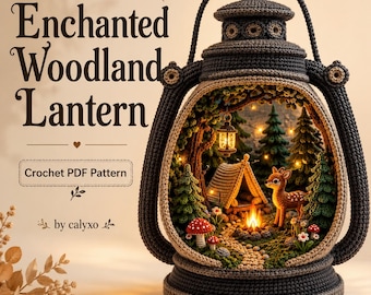 May include: A dark gray crocheted lantern frame containing a miniature woodland scene with a crocheted tent, a small deer, green pine trees, red mushrooms, and a campfire. Text reads Enchanted Woodland Lantern Crochet PDF Pattern by calyxo.