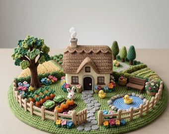 May include: A crochet diorama featuring a small house with a brown roof and chimney, surrounded by a garden with a tree, a vegetable patch with carrots and pumpkins, a stone path, a pond with a yellow duck, a bench, and a white rabbit.