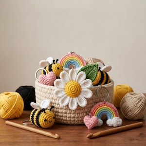 May include: A collection of handmade crochet keychains, including bees, rainbows, hearts, and a daisy, displayed in a woven basket. The keychains are in various colors, with yellow, black, white, pink, and rainbow hues. Crochet hooks and yarn balls are also visible.