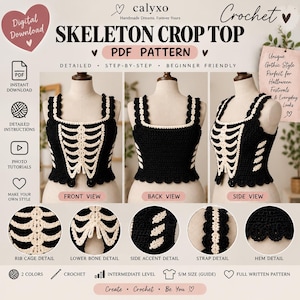 May include: A digital PDF crochet pattern for a black and cream skeleton crop top. The design features a rib cage motif on the front, side accents, and scalloped edges. The pattern includes detailed instructions, photo tutorials, and step-by-step guides.