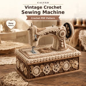 Peut inclure: Une machine à coudre au crochet dans des tons marron et beige, avec des motifs circulaires complexes sur la base et une roue noire. Le texte indique CALYXO Vintage Crochet Sewing Machine Crochet PDF Pattern et Easy Pattern.