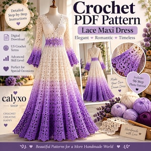 May include: A crochet PDF pattern for a lace maxi dress featuring a V-neckline and long flared sleeves. The dress displays an ombre color transition from cream at the bodice to deep purple at the hem. Includes text: Crochet PDF Pattern.