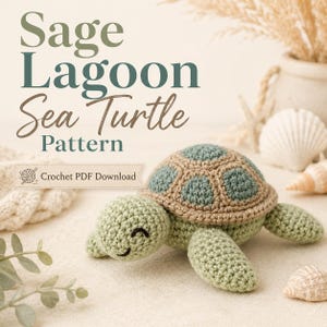 May include: A crochet sea turtle with a sage green body and a shell featuring sage green and tan hexagonal patches. The turtle has closed eyes stitched in black thread. Text on the image reads: Sage Lagoon Sea Turtle Pattern Crochet PDF Download.