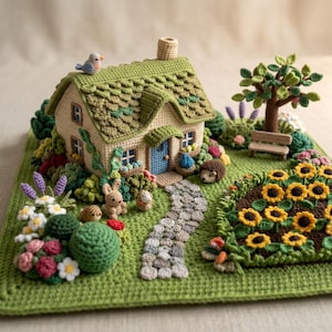 Puede incluir: Un diorama de ganchillo que muestra una casa beige con un tejado verde texturizado, una puerta azul y un camino de piedra. La escena incluye un jardín con girasoles, un árbol, un banco, un conejo pequeño, un erizo y un pájaro en el tejado.