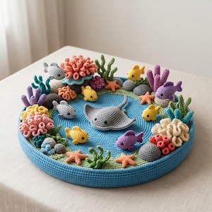 Puede incluir: Escena oceánica de ganchillo con base azul. Incluye una manta raya gris, peces amarillos y morados, corales, estrellas de mar y algas. Todo está dispuesto sobre una base redonda azul.