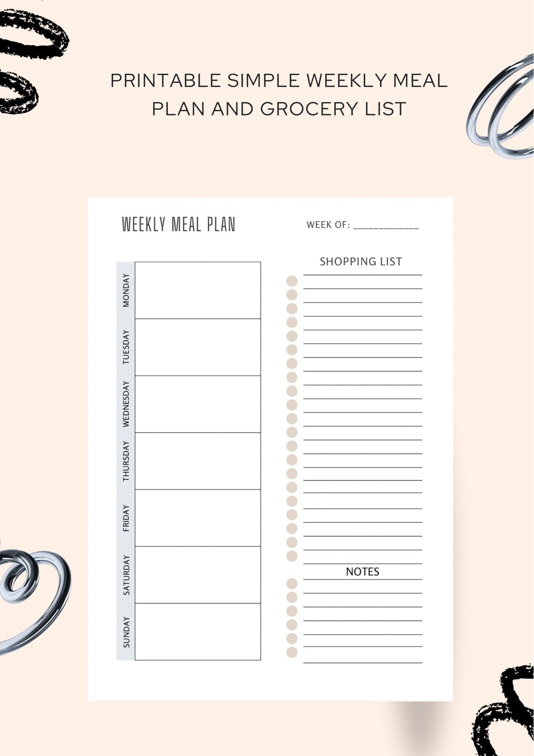 Simple Weekly Meal Planner Printable PDF - Etsy