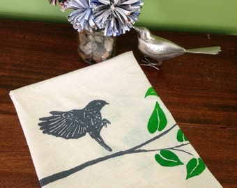 Bird on Branch Screen Print on Organic Cotton Flour Sack Towel