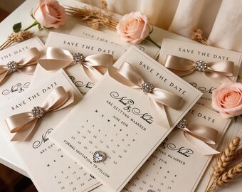 Personalized Save the Date Calendar Card, Satin Bow Invite, Glitter Backing, Vellum Envelope, Rhinestone Clasp, Custom Wedding Date