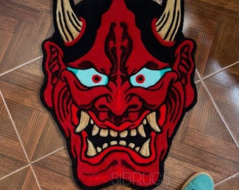 Japanese Oni Mask Tufted Rug, Anime Streetwear Gothic Carpet